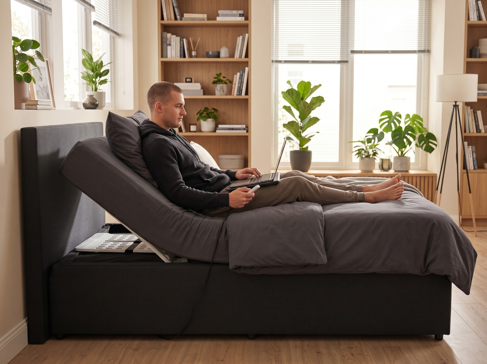 Giovane rilassato, letto trasformato in divano con il CosyLift
