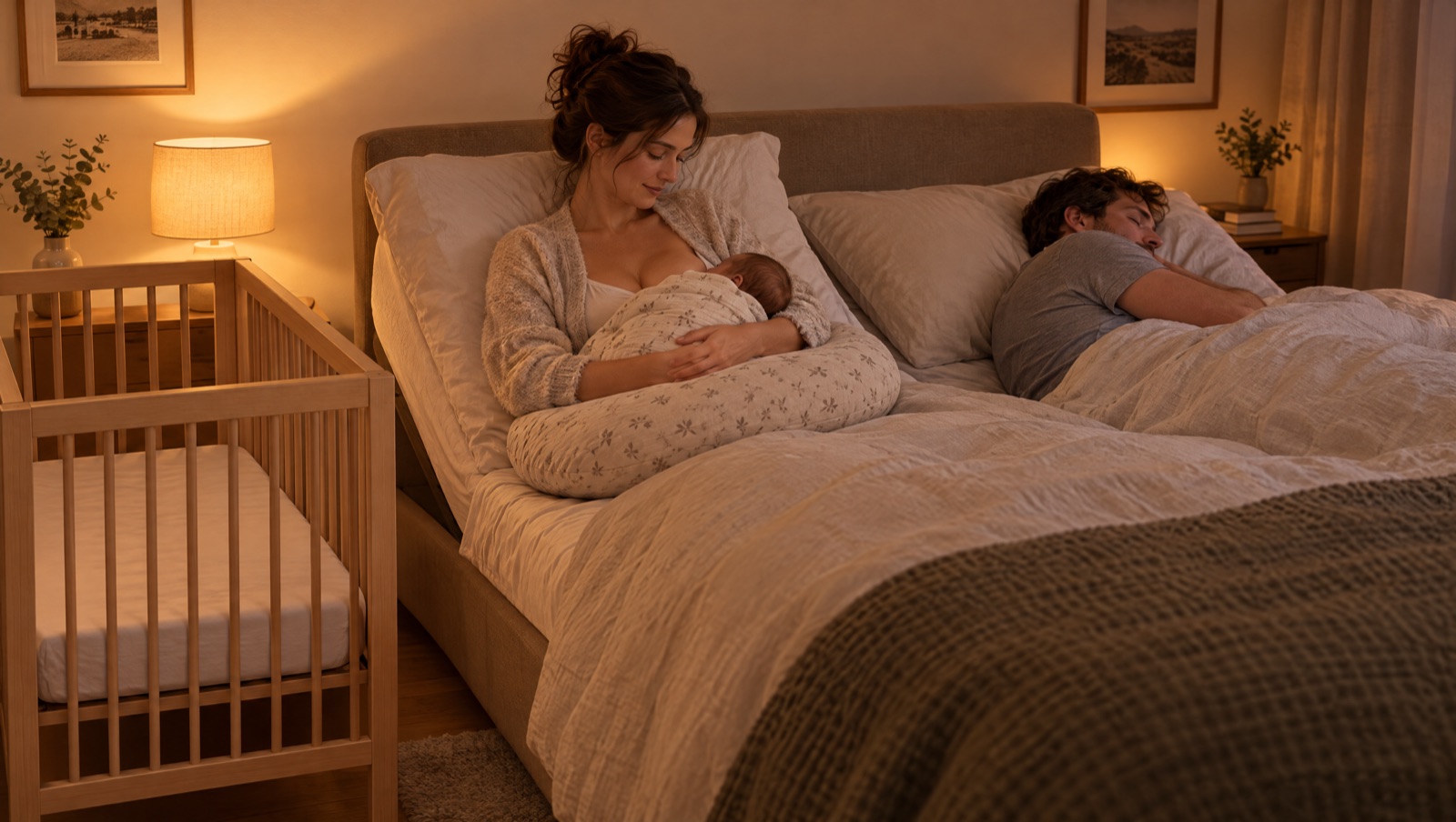 Illustrazione: giovane mamma che allatta seduta nel letto, il suo lato sollevato dal CosyLift