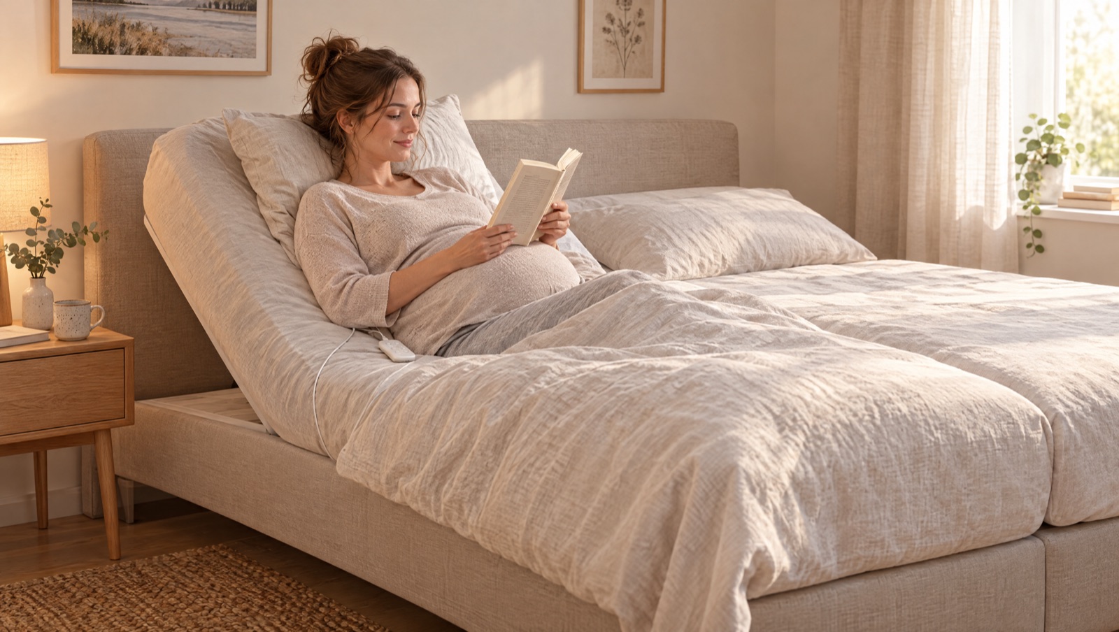 Illustrazione: donna incinta che legge a letto, il suo lato sollevato dal CosyLift